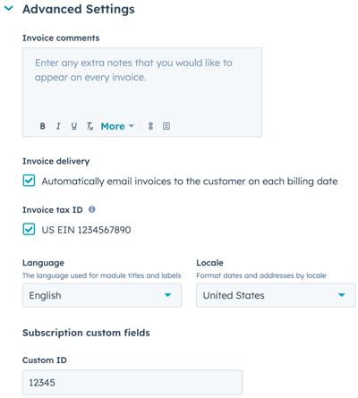 Screenshot of the HubSpot subscription creation settings, highlighting the 'Advanced Settings' section.