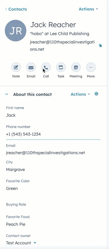 a GIF image showing a HubSpot contact record Jack Reacher. the user edits the City property and the changes are autosaved
