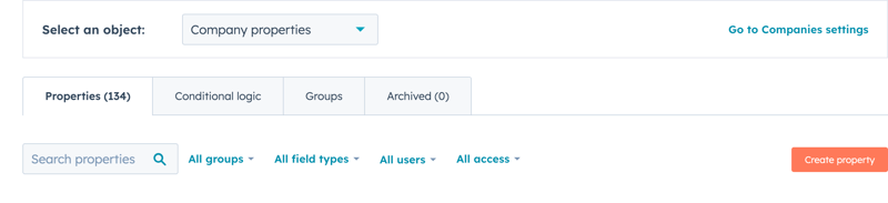 Company properties management screen featuring a dropdown to select an object, tabs to navigate different property settings, a search function, and multiple filter options including 'All groups', 'All field types', 'All users', and 'All access