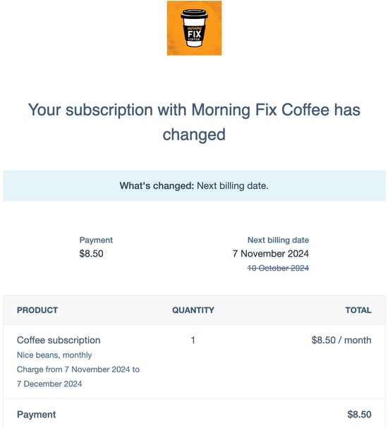 Example email confirming a change to a HubSpot subscription's next billing date for the customer.